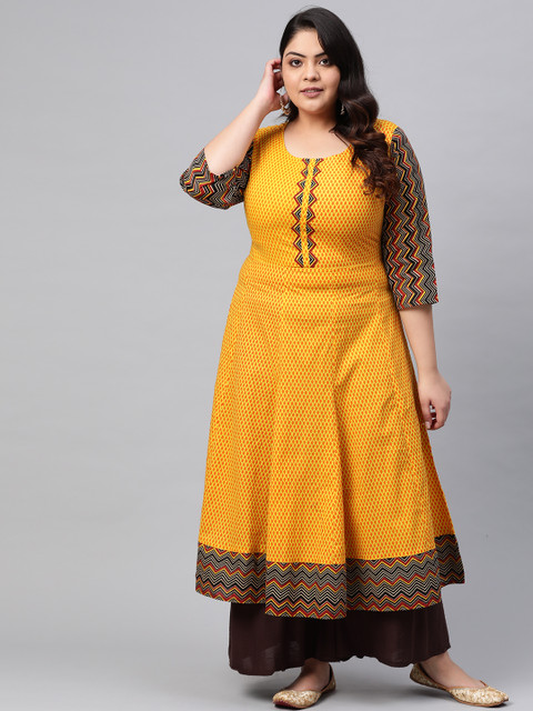 YASH GALLERY Plus Size Women Mustard Yellow & Orange Printed Anarkali Kurta