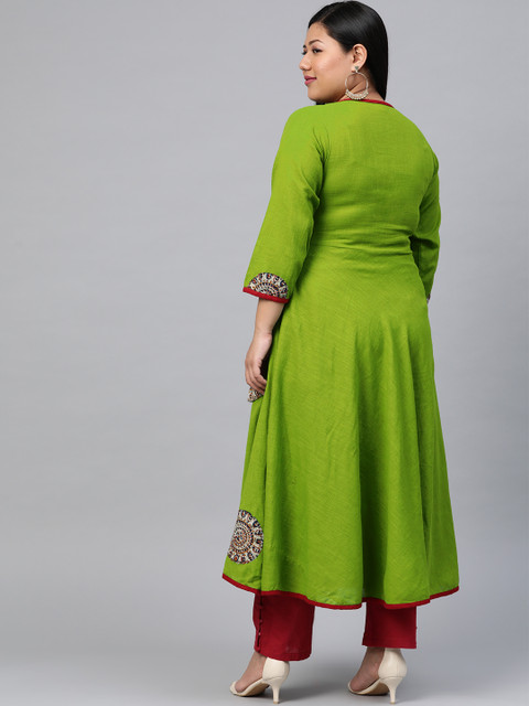 YASH GALLERY Women Plus Size Green Solid Angrakha Anarkali Kurta - Image 4