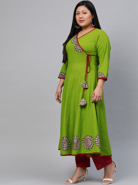 YASH GALLERY Women Plus Size Green Solid Angrakha Anarkali Kurta - Image 3