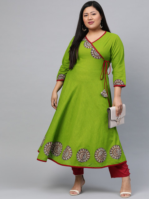 YASH GALLERY Women Plus Size Green Solid Angrakha Anarkali Kurta - Image 5