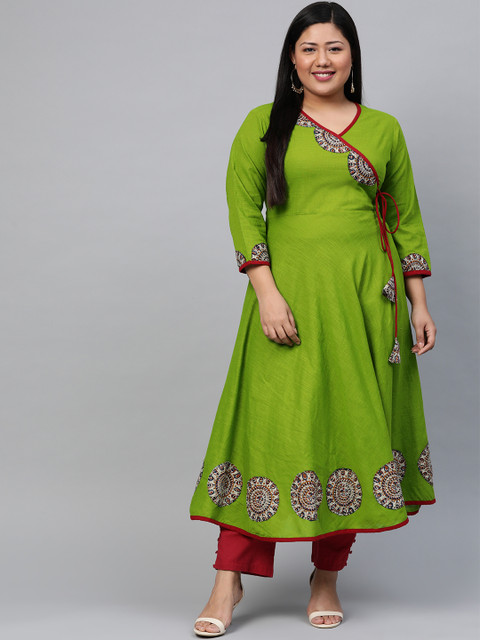 YASH GALLERY Women Plus Size Green Solid Angrakha Anarkali Kurta