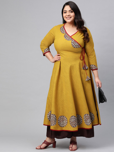 YASH GALLERY Women Plus Size Mustard Yellow Yoke Design Angrakha Anarkali Kurta - Image 5
