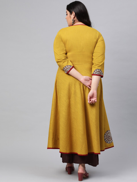 YASH GALLERY Women Plus Size Mustard Yellow Yoke Design Angrakha Anarkali Kurta - Image 4