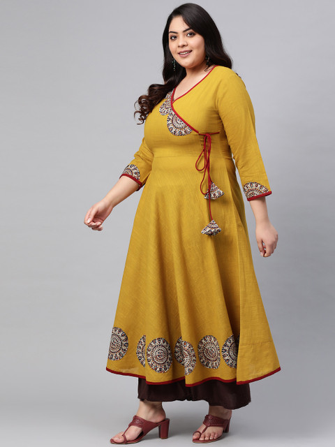 YASH GALLERY Women Plus Size Mustard Yellow Yoke Design Angrakha Anarkali Kurta - Image 3
