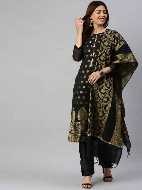 Blissta Black & Gold-Coloured Silk Blend Unstitched Dress Material