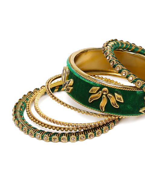 Peora Green & Gold-Plated Set Of 2 Matching Bangle Kundan Studded Chuda Bangles - Image 6