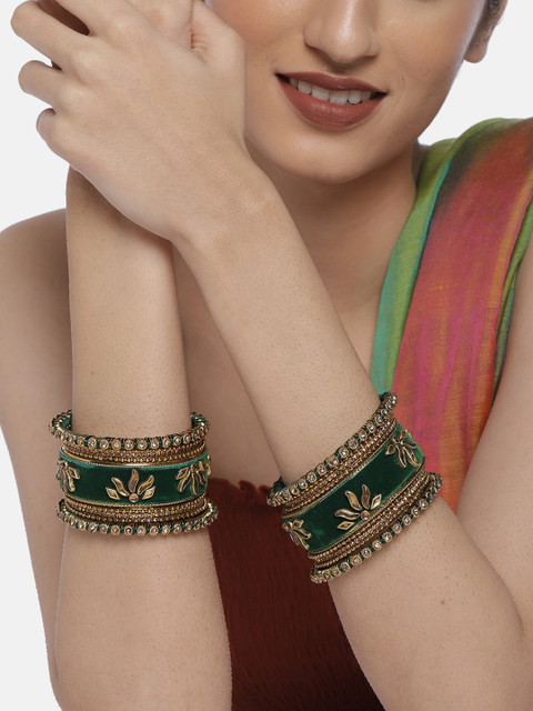 Peora Green & Gold-Plated Set Of 2 Matching Bangle Kundan Studded Chuda Bangles - Image 2