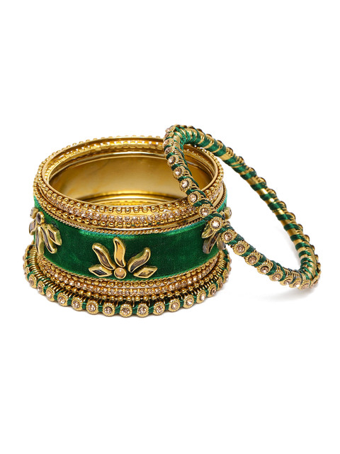 Peora Green & Gold-Plated Set Of 2 Matching Bangle Kundan Studded Chuda Bangles - Image 4