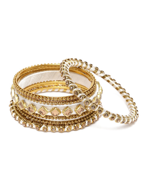 Peora Women Gold-Plated & White Velvet Silk Thread Chuda Chura Bangle Set - Image 4