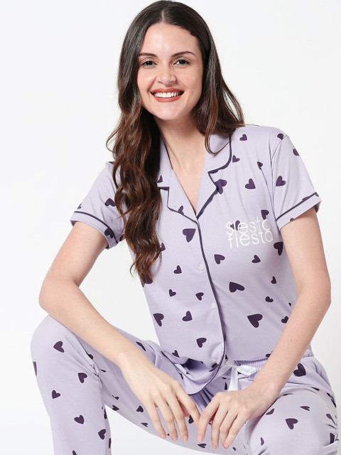 Zeyo Women Lavender & Purple Printed Night suit