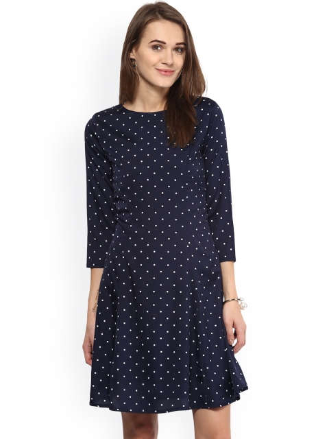Navy Polka Dot Print A-Line Dress