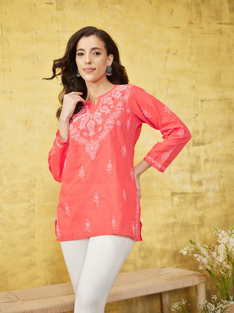 ADA Women Pink & White Pure Pure Cotton Chikankari Embroidered Straight Pure Cotton Kurti