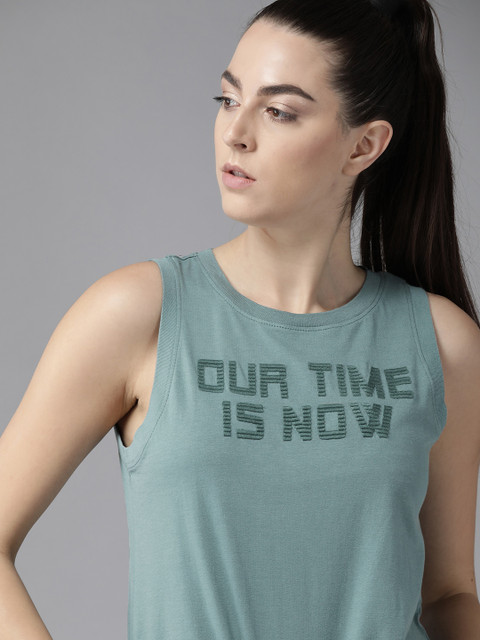 The Roadster Lifestyle Co Women Green Cotton Embroidered Round Neck Cotton T-shirt