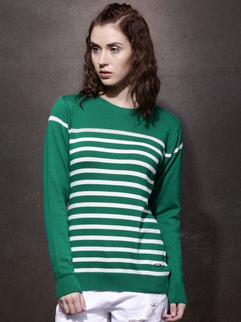 Women Green & White Striped Sweater