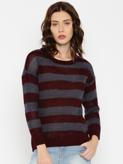 Women Maroon Self-design Sweater