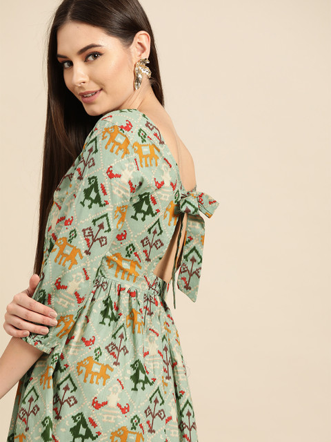 Anouk Women Green & Mustard Ethnic Motifs Printed A-Line Kurta