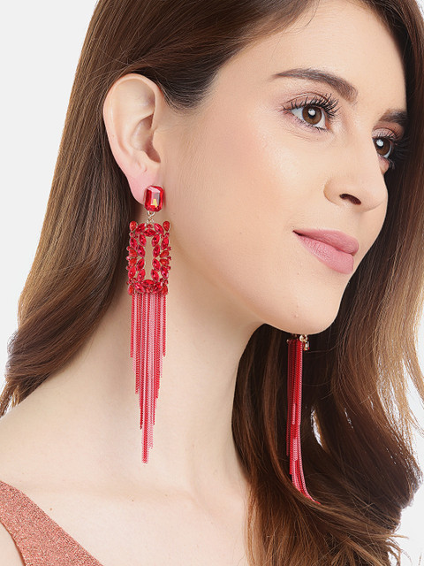 YouBella Red & Pink Stone-Studded Tasselled Geometric Drop Earrings
