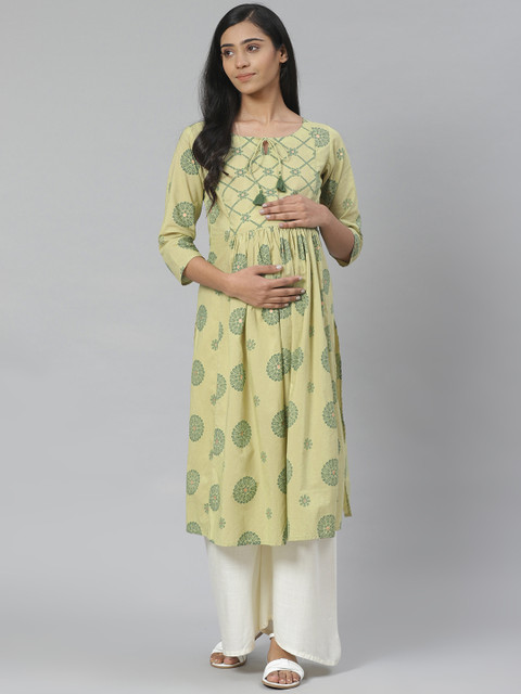 anayna Women Green Printed Straight Pure Cotton Feeding Maternity Kurta