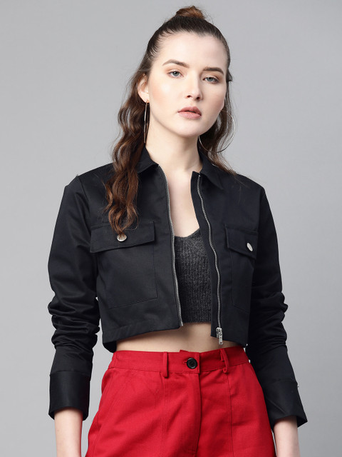 Popnetic Women Black Solid Pure Cotton Crop Jacket