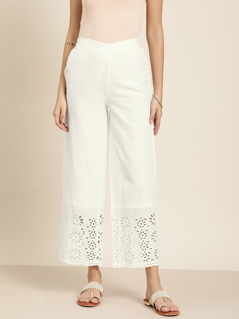 Moda Rapido Women White Solid Straight Cropped Palazzos with Schiffli Embroidered Detail
