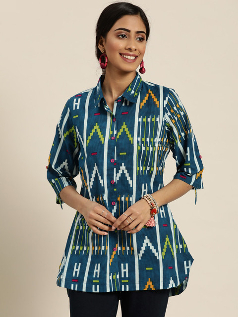 Sangria Women Navy Blue & White Geometric Printed Shirt Style Top