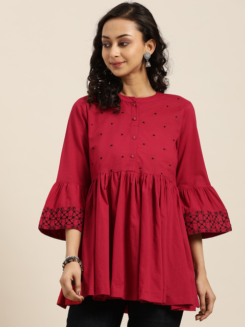 Sangria Women Red Mandarin Collar Bell Sleeves Pure Cotton Top