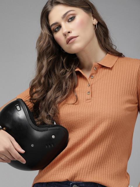 Roadster Women Coral Orange Ribbed Polo Collar T-shirt