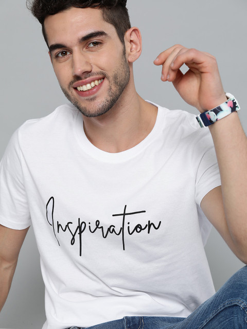 Mast Harbour Men White Black Printed Round Neck Pure Cotton T-shirt