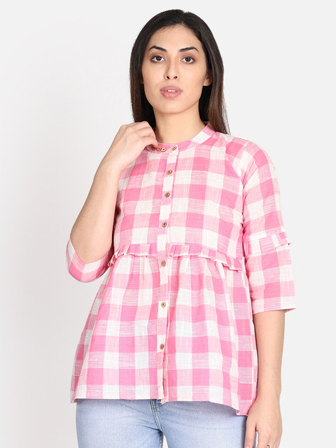 Resha Women Pink & White Checked Handloom A-Line Top