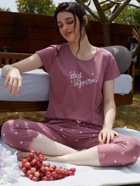 Zeyo Women Mauve Printed Pure Cotton Night Suit