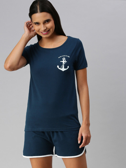 Mast & Harbour Women Blue & White Side Chest Graphic Regular Fit Tee Printed Night suit