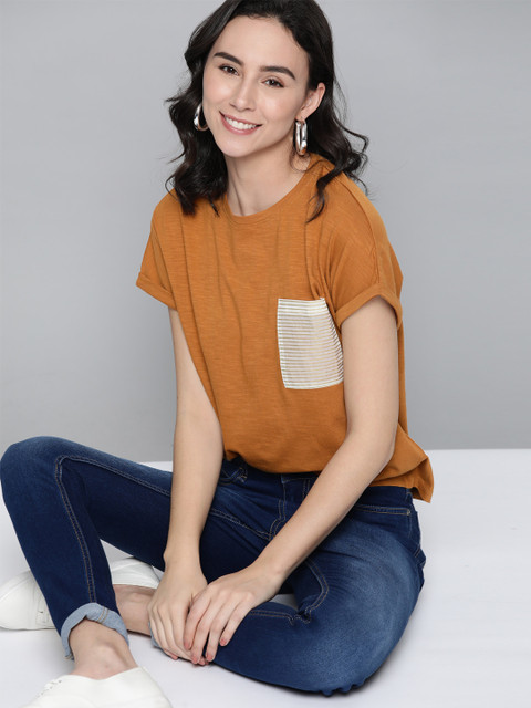 Mast & Harbour Women Mustard Brown Solid Cotton Round Neck T-shirt