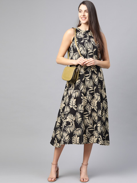 YASH GALLERY Women Black & Beige Printed A-Line Dress - Image 5