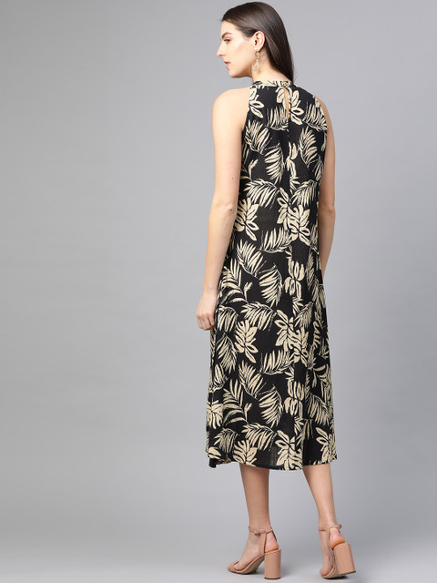 YASH GALLERY Women Black & Beige Printed A-Line Dress - Image 4