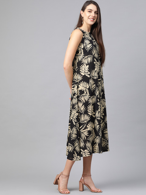 YASH GALLERY Women Black & Beige Printed A-Line Dress - Image 3