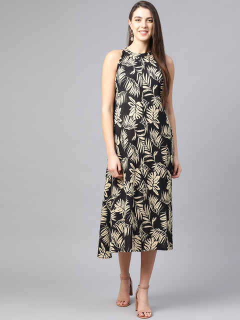 YASH GALLERY Women Black & Beige Printed A-Line Dress