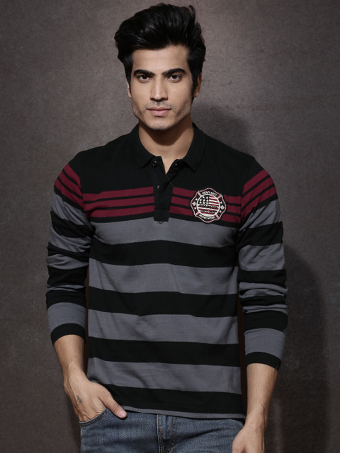 Roadster Men Black & Grey Striped Polo Pure Cotton T-shirt