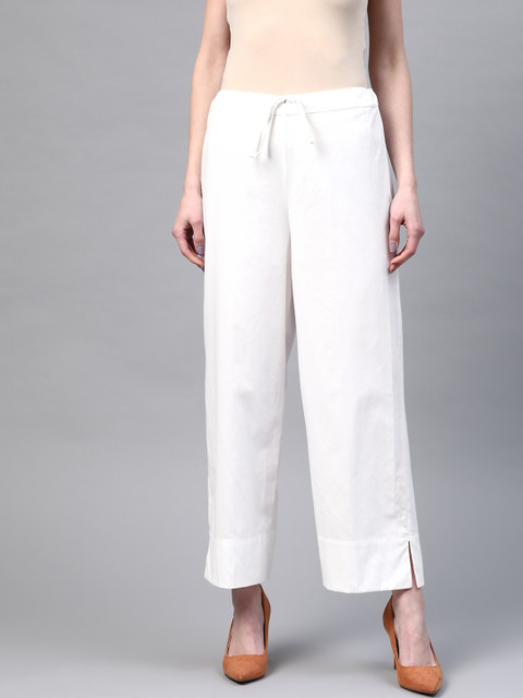 Laado - Pamper Yourself Women White Solid Cotton Handloom Wide Leg Palazzos
