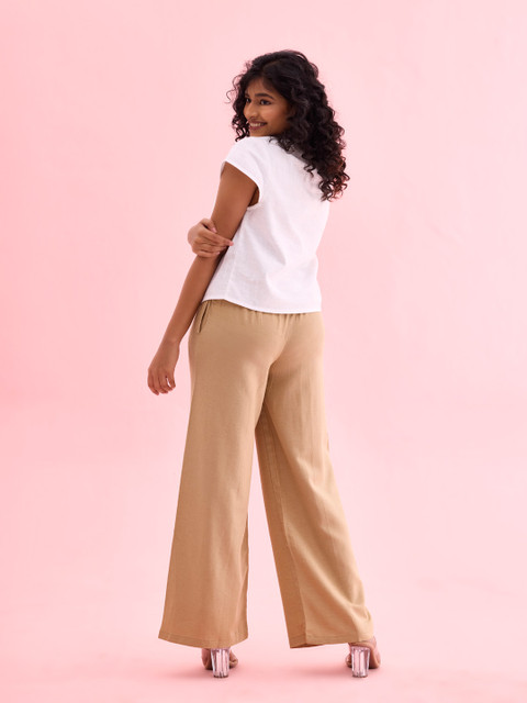 Go Colors Women Beige Solid Wide Leg Palazzos - Image 3