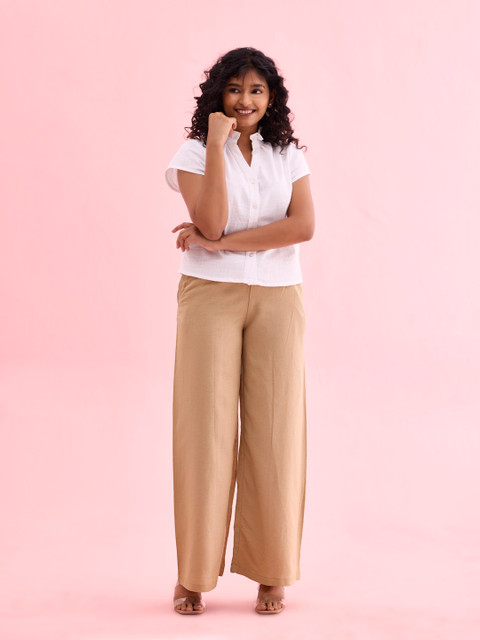 Go Colors Women Beige Solid Wide Leg Palazzos