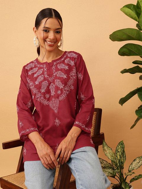 ADA Women Maroon & White Chikankari Embroidered Pure Cotton Straight Kurti