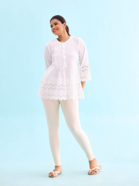 Go Colors Women Cream Coloured Solid Ankle Length Slim Fit Cotton Leggings