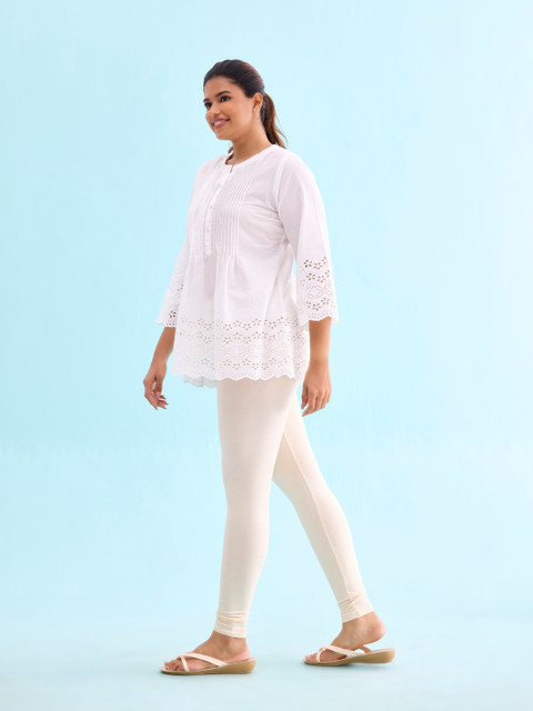 Go Colors Women Cream Coloured Solid Ankle Length Slim Fit Cotton Leggings - Image 2