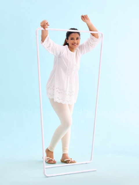 Go Colors Women Cream Coloured Solid Ankle Length Slim Fit Cotton Leggings - Image 4