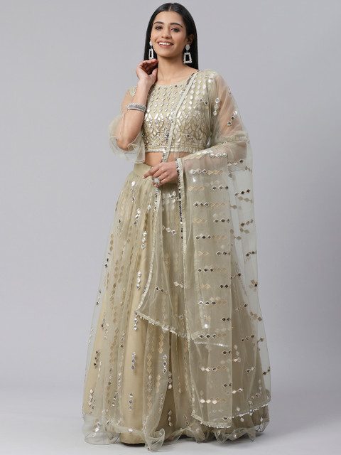 SHOPGARB Sea Green & Silver Embellished Semi-Stitched Lehenga & Unstitched Blouse