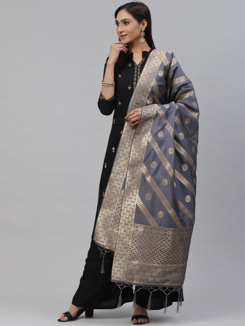 flaher Grey & Golden Woven Design Banarasi Silk Dupatta