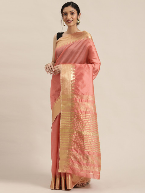 KALINI Pink & Golden Solid Zari Silk Cotton Saree