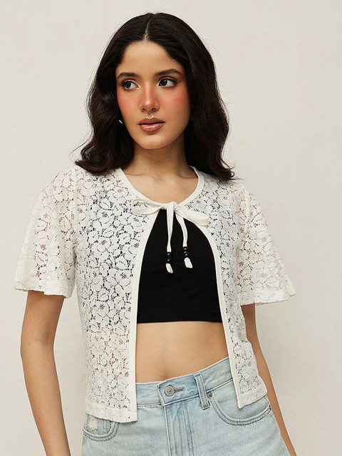 Espresso Women Off-White Self Design Tie-Up Shrug