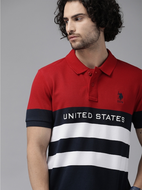 U.S. Polo Assn. Men Red & Navy Pure Cotton Striped Polo Collar T-shirt