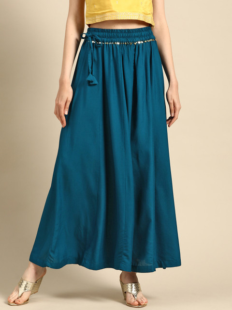TAG 7 Women Teal Blue Solid Flared Palazzos